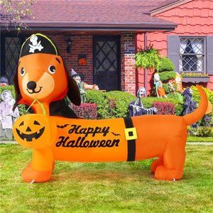 5 FT Halloween Inflatable Outdoor Dog with a Pumpkin & Pirate Hat, Blow Up Yard